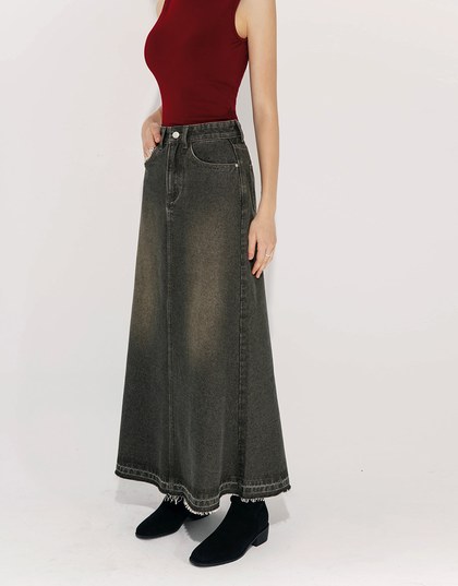 Vintage Distressed Frayed Jeans Denim Maxi Skirt