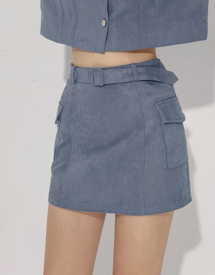 Faux Suede Double Pocket Mini Skirt (With Belt)