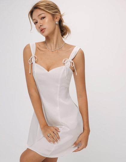 Double Bows Satin Lace Ruffle Cami Mini Dress