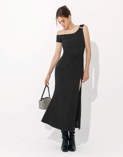 Asymmetrical Side Slit Silky Bodycon Padded Maxi Dress