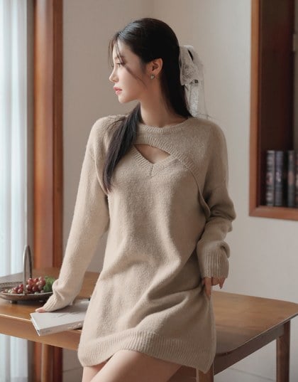 Relaxed Fit Hollow Knit Mini Dress