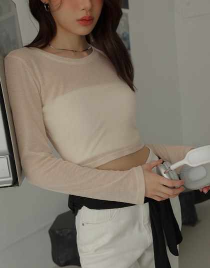 Sheer Knit Cropped Long Sleeve Top