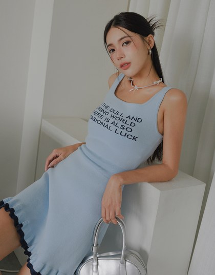 Knitted Tennis Style Mini Dress with Letter Quotes On