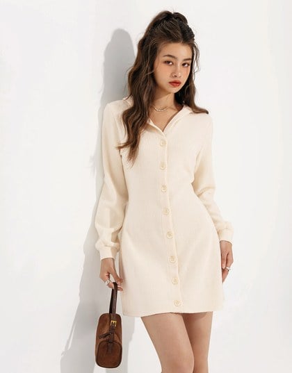 Lightweight Fleece Hooded Mini Dress with Button Closure