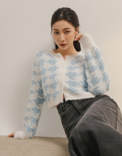 Mohair Houndstooth Knit Cardigan with Button Closure