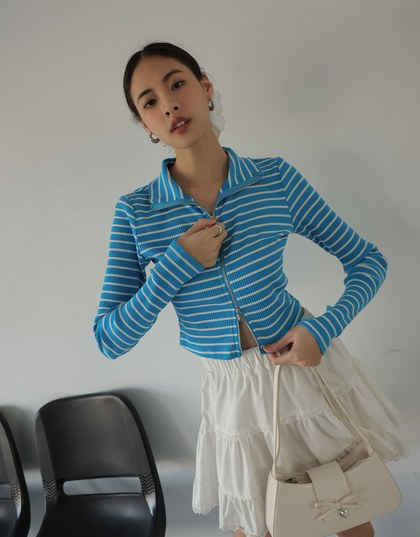 Collared Striped Double Zipper Long Sleeve Top