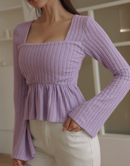 Square Neck Ruffle Flared Knit Top