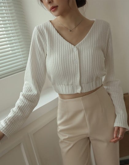 V Neck Waffled Knitted Cotton Top