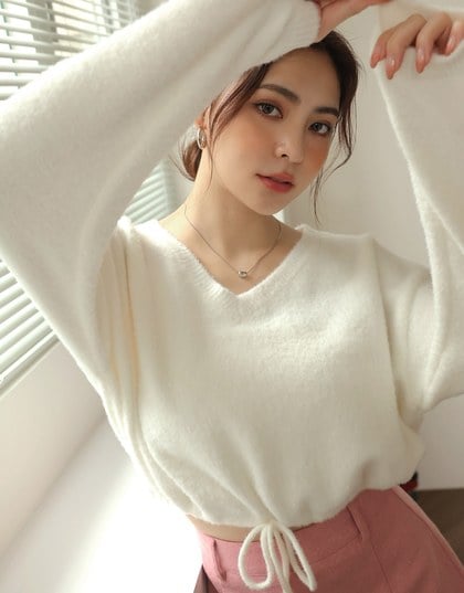 Long Sleeve V Neck Drawstring Knitted Top