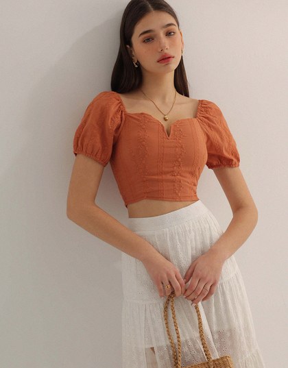 Deep V Neck Boho Embroidered Puff Sleeve Crop Top