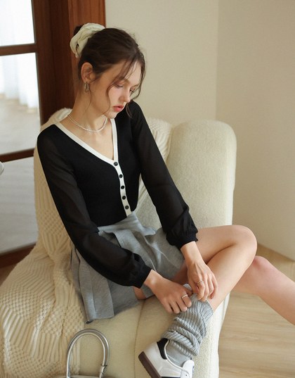 Long Sleeve Sheer Mesh Color Block Knitted Top