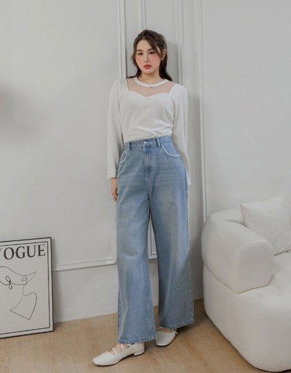 Vintage Lace Details Jeans Denim Straight Leg Pants