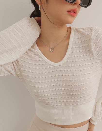 Round Neck Long Sleeve Textured Ribbed Knit Crop Top