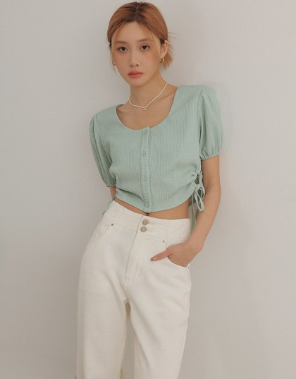 Crinkle Textured Drawstring Side Puff Sleeve Top