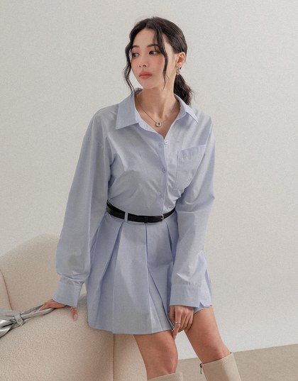 Collared Neck Pleated Shirt Dress (with Belt)