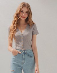 Semi-Sheer Buttoned Fine Knit Top