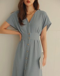 Soft Crease Button Up Cinched Waist Maxi Dress