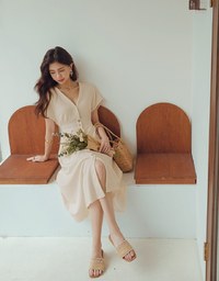 Soft Crease Button Up Cinched Waist Maxi Dress