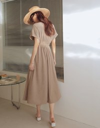 Soft Crease Button Up Cinched Waist Maxi Dress