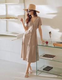 Soft Crease Button Up Cinched Waist Maxi Dress