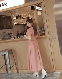 Soft Crease Button Up Cinched Waist Maxi Dress