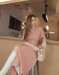 Soft Crease Button Up Cinched Waist Maxi Dress