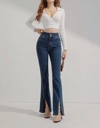 High-Rise Double-Button Slit Flared Denim Pants - AIR SPACE