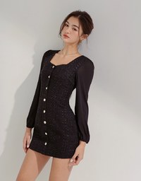 Chic Bead Buttoned Puffed Sleeve Mini Dress