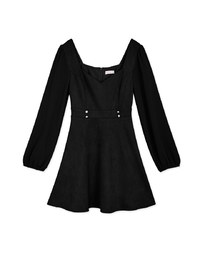 Square-Neck Bead-Button Stitched Suede Mini Dress