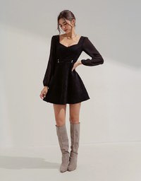 Square-Neck Bead-Button Stitched Suede Mini Dress