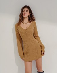 V-Neck Button-Down Twist-Knit Mini Dress