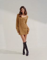 V-Neck Button-Down Twist-Knit Mini Dress