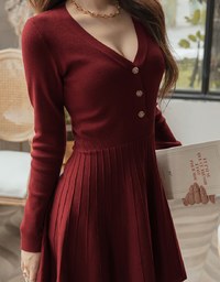 V-Neck Button Hem Knit Mini Dress