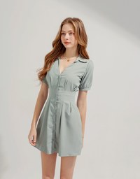 Open Collar Button Down Waist Mini Dress