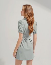 Open Collar Button Down Waist Mini Dress