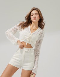 Sheer Drawstring Knit Cropped Top