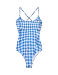 [A Yuan Collection] Thin Shoulder Plaid Lace-Up One-Piece Swimsuit