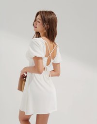 Peach Heart Neck Puffed Sleeves Strap Mini Dress (With Chest Pad)