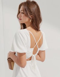 Peach Heart Neck Puffed Sleeves Strap Mini Dress (With Chest Pad)