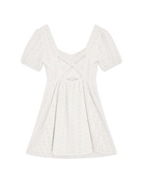 Broderie Anglaise Lace With Puffed Sleeves Mini Dress(With Padding)
