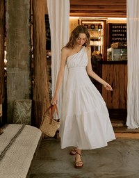 Slanted Shoulder Shirred Long Dress (With Padding)