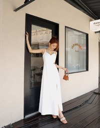 Gold Chain Hollow Slit Long Dress (With Padding)
