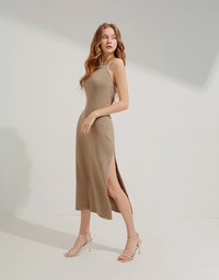 Knitted Round Neck Hollow Slit Long Dress
