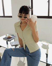 Lapel Collar Buttoned Slit Ribbed Top