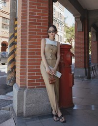 【Elecher's Design】Stylish Contrast Color Front Slit Suit Long Dress