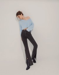 Double Button Slit Denim Trumpet Pants