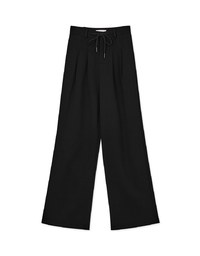 Drawstring Cotton Pleated Long Pants