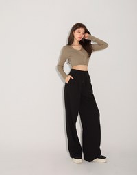 Drawstring Cotton Pleated Long Pants