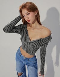 2way Large Collar Striped Zipper Top