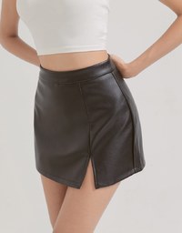 K-pop Tummy Control Leather Slit Skort